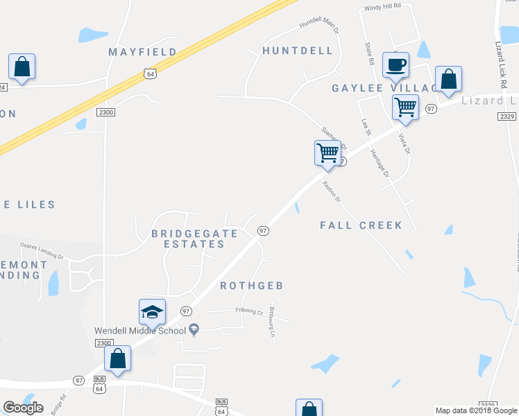 map of restaurants, bars, coffee shops, grocery stores, and more near 7117 Hector Court in Wendell