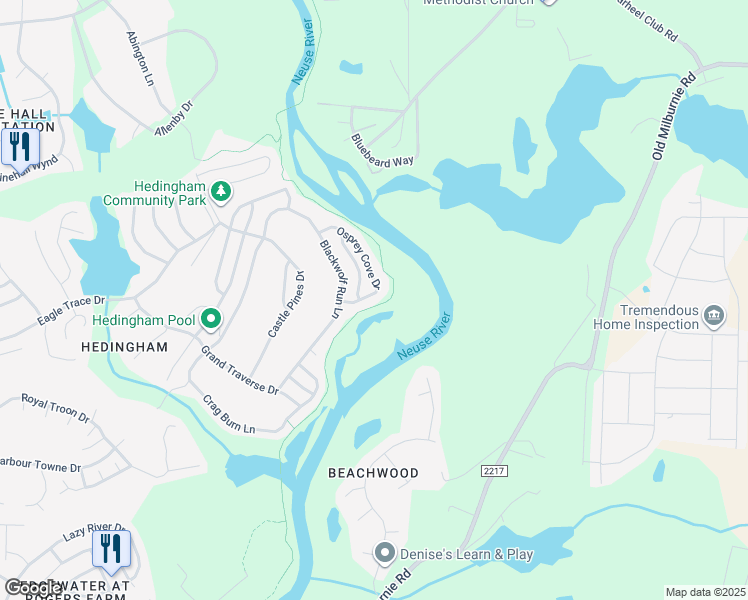 map of restaurants, bars, coffee shops, grocery stores, and more near 5718 Osprey Cove Drive in Raleigh