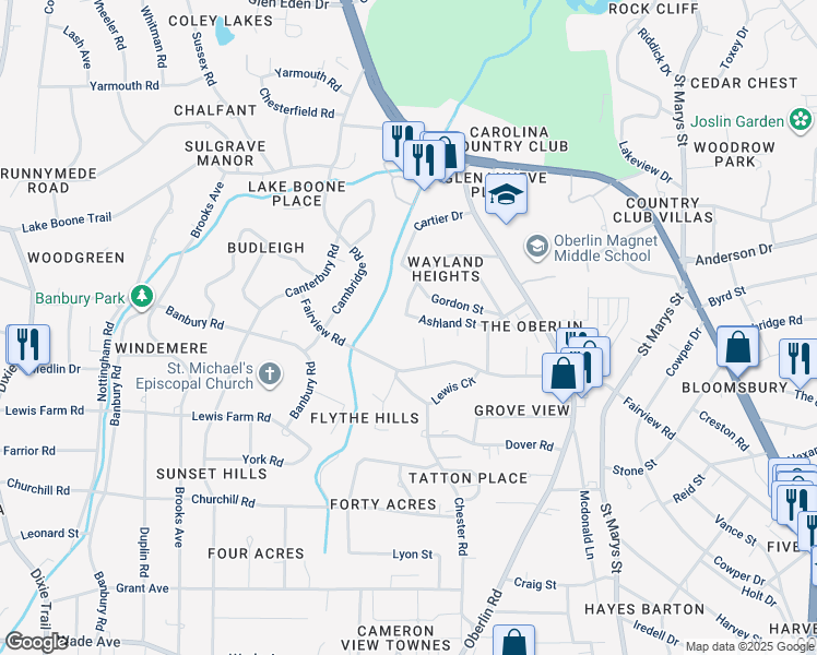 map of restaurants, bars, coffee shops, grocery stores, and more near 2809 Ashland Street in Raleigh
