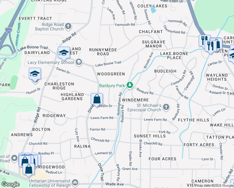 map of restaurants, bars, coffee shops, grocery stores, and more near 1625 Nottingham Road in Raleigh