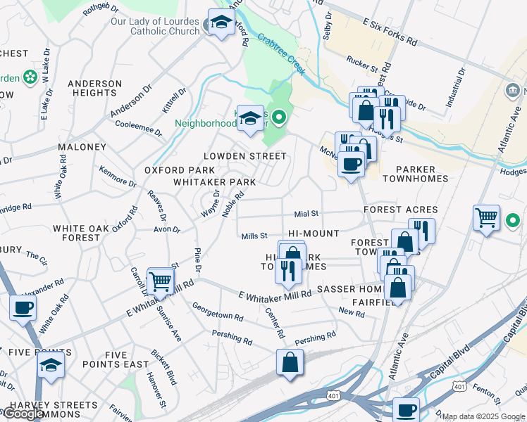 map of restaurants, bars, coffee shops, grocery stores, and more near 515 Mial Street in Raleigh