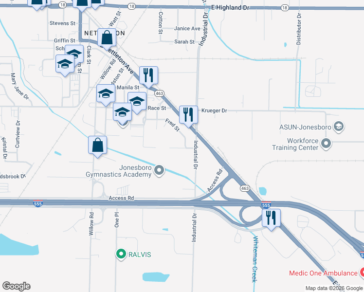 map of restaurants, bars, coffee shops, grocery stores, and more near 4414 Oliver Street in Jonesboro