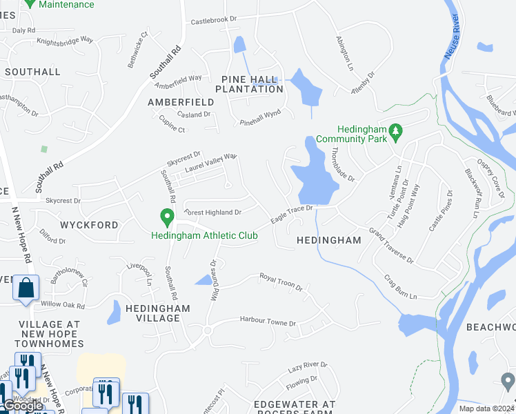 map of restaurants, bars, coffee shops, grocery stores, and more near 2017 Laurel Valley Way in Raleigh