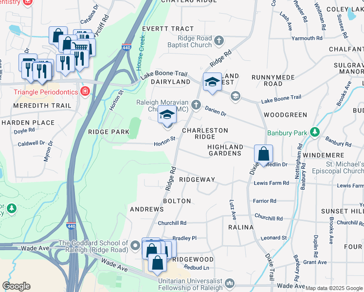 map of restaurants, bars, coffee shops, grocery stores, and more near 3244 Birnamwood Road in Raleigh