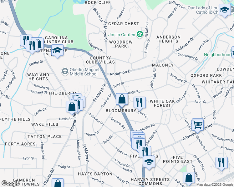 map of restaurants, bars, coffee shops, grocery stores, and more near 2102 Glenwood Avenue in Raleigh