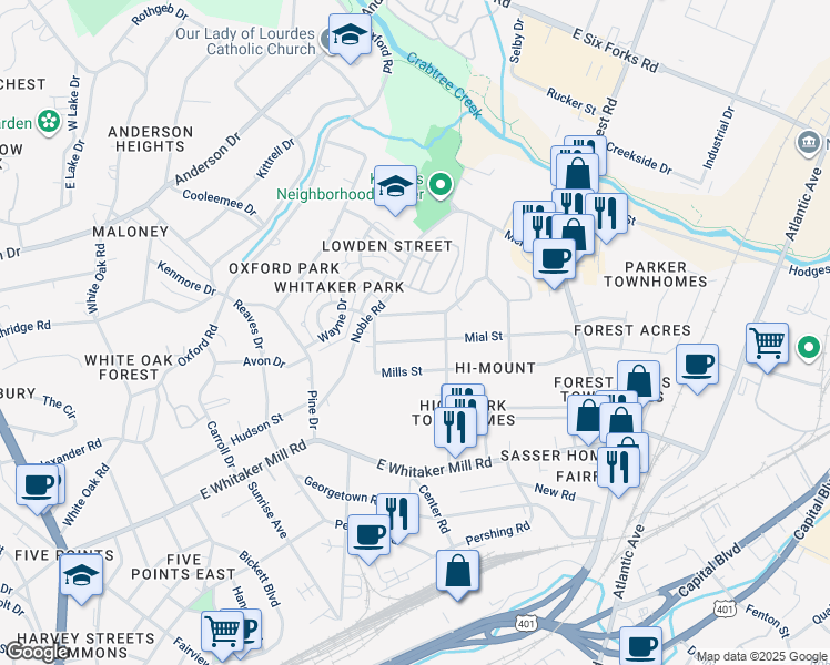 map of restaurants, bars, coffee shops, grocery stores, and more near 515 Mial Street in Raleigh