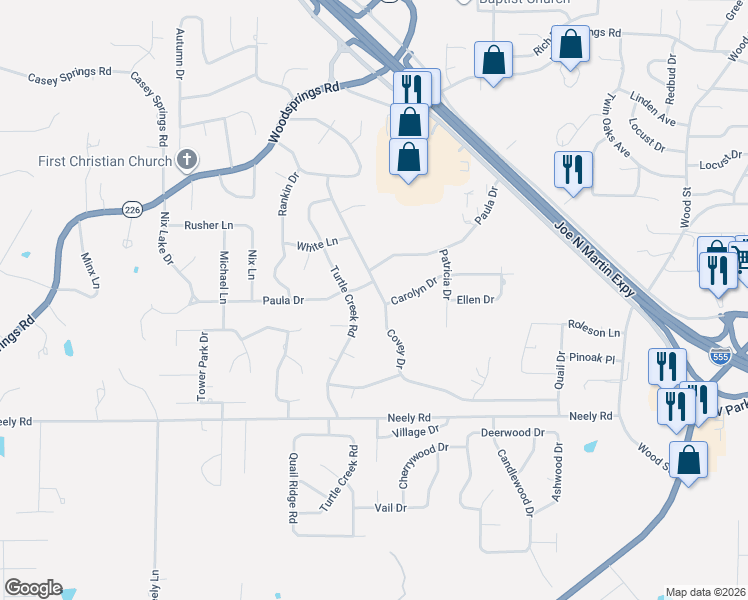 map of restaurants, bars, coffee shops, grocery stores, and more near 1968-1998 Carolyn Drive in Jonesboro