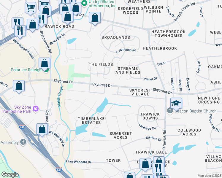 map of restaurants, bars, coffee shops, grocery stores, and more near 3216 Skycrest Drive in Raleigh