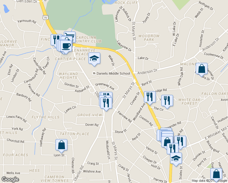map of restaurants, bars, coffee shops, grocery stores, and more near 2409 Middle Court in Raleigh