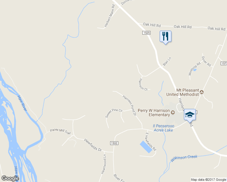 map of restaurants, bars, coffee shops, grocery stores, and more near 327 Harrison Pond Drive in Pittsboro