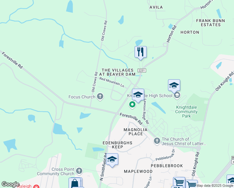 map of restaurants, bars, coffee shops, grocery stores, and more near 309 Little Acres Drive in Knightdale