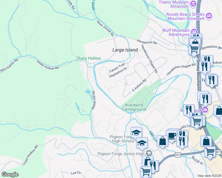 map of restaurants, bars, coffee shops, grocery stores, and more near 2112 River Bank Drive in Pigeon Forge