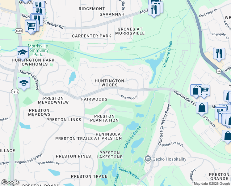 map of restaurants, bars, coffee shops, grocery stores, and more near 104 Fairwood Drive in Morrisville