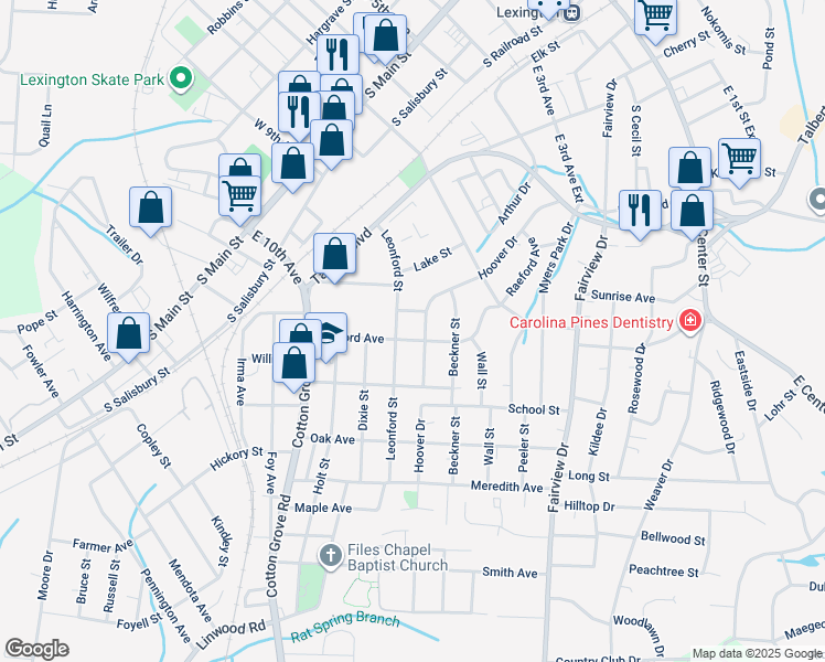 map of restaurants, bars, coffee shops, grocery stores, and more near 600 Raeford Avenue in Lexington