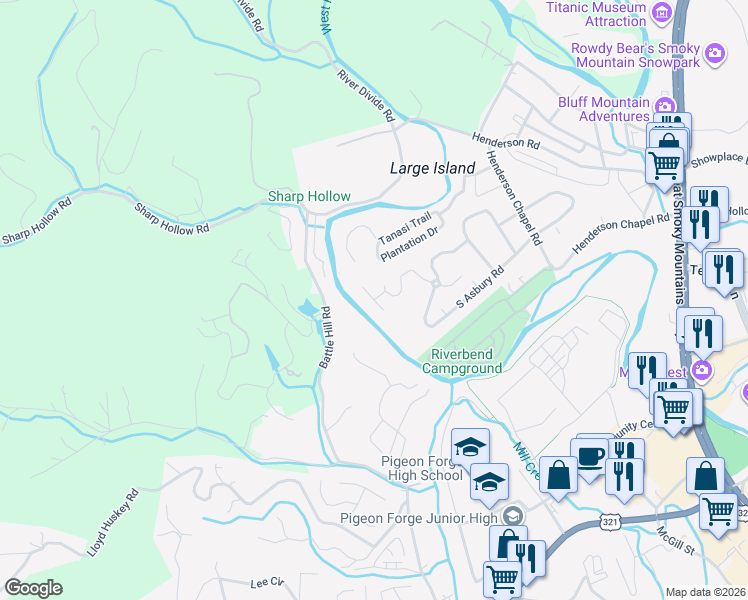 map of restaurants, bars, coffee shops, grocery stores, and more near 2123 River Bank Drive in Pigeon Forge