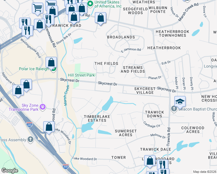 map of restaurants, bars, coffee shops, grocery stores, and more near 2207 Sunlit Lane in Raleigh