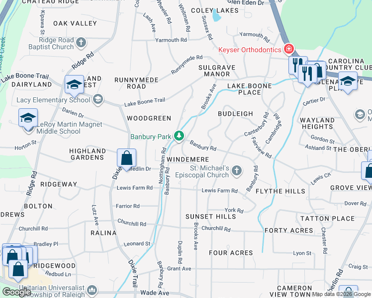 map of restaurants, bars, coffee shops, grocery stores, and more near 1612 Brooks Avenue in Raleigh
