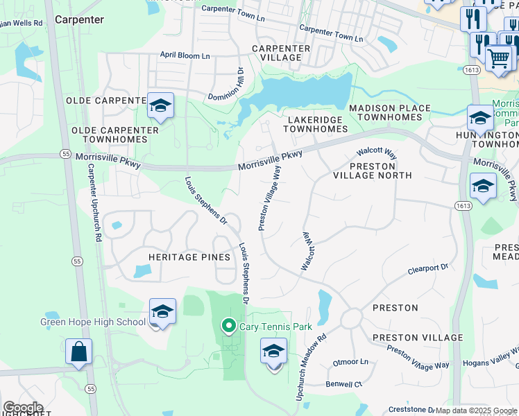 map of restaurants, bars, coffee shops, grocery stores, and more near 101 Filtrona Court in Cary