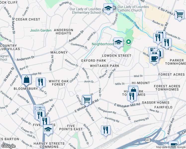 map of restaurants, bars, coffee shops, grocery stores, and more near 2125 Pine Drive in Raleigh