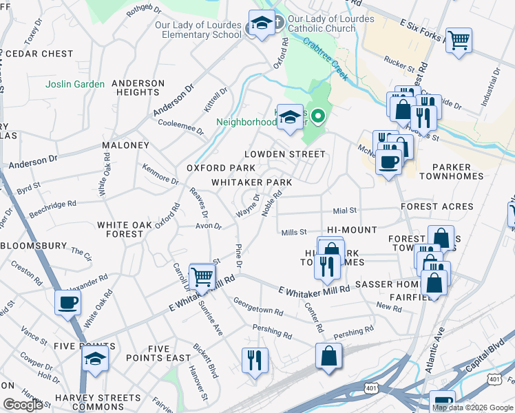 map of restaurants, bars, coffee shops, grocery stores, and more near 2100 Noble Road in Raleigh