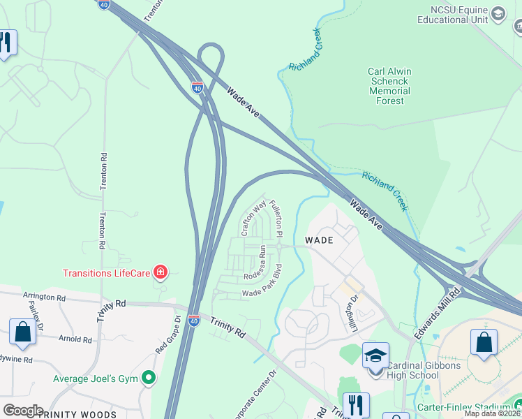 map of restaurants, bars, coffee shops, grocery stores, and more near 1569 Fullerton Place in Raleigh