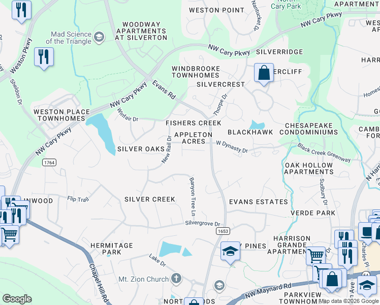 map of restaurants, bars, coffee shops, grocery stores, and more near 812 Laurel Garden Way in Cary