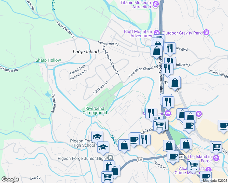 map of restaurants, bars, coffee shops, grocery stores, and more near 61 Riverbend Loop P in Pigeon Forge