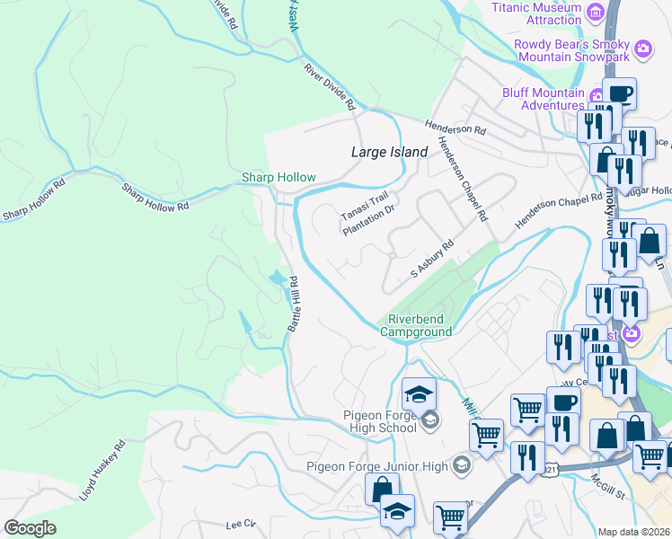 map of restaurants, bars, coffee shops, grocery stores, and more near 2123 River Bank Drive in Pigeon Forge