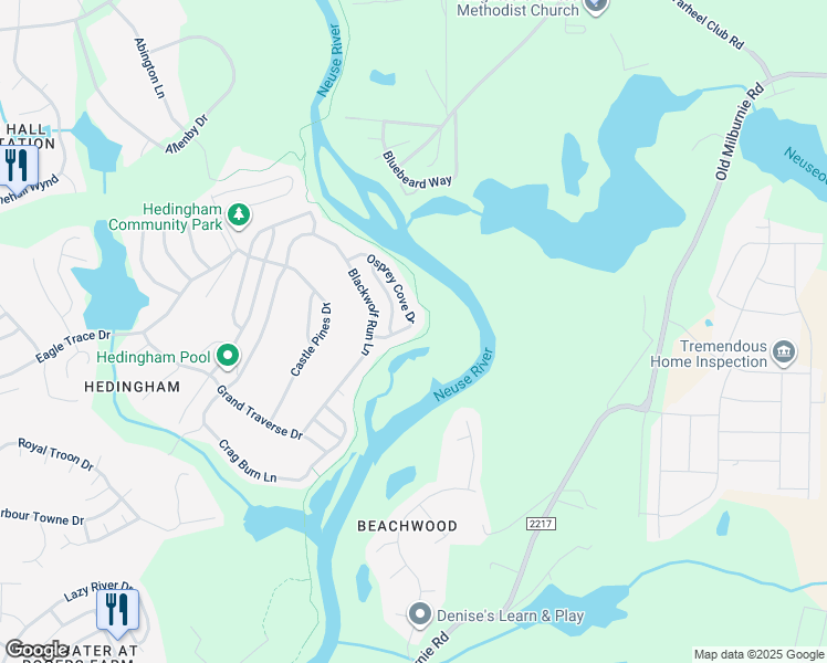 map of restaurants, bars, coffee shops, grocery stores, and more near 5726 Osprey Cove Drive in Raleigh