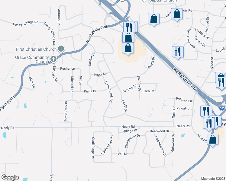 map of restaurants, bars, coffee shops, grocery stores, and more near 2804 Turtle Creek Road in Jonesboro