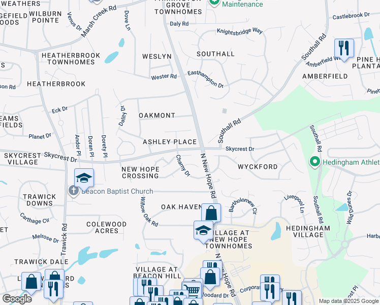 map of restaurants, bars, coffee shops, grocery stores, and more near 4325 Standing Rock Way in Raleigh