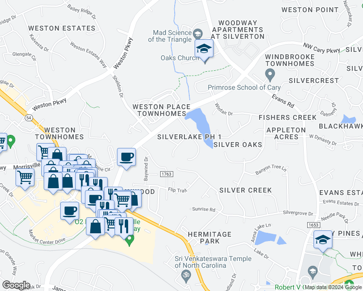 map of restaurants, bars, coffee shops, grocery stores, and more near 309 Peachtree Point Court in Cary