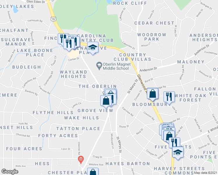 map of restaurants, bars, coffee shops, grocery stores, and more near 2515 Country Club Court in Raleigh