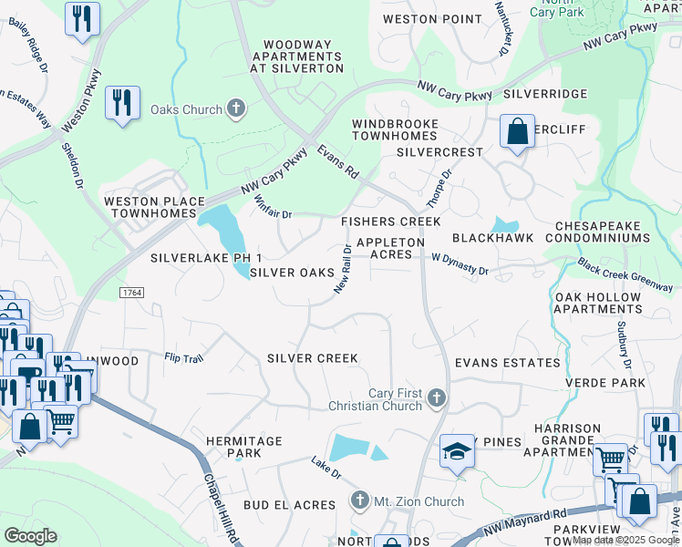 map of restaurants, bars, coffee shops, grocery stores, and more near 100 Bell Vista Drive in Cary