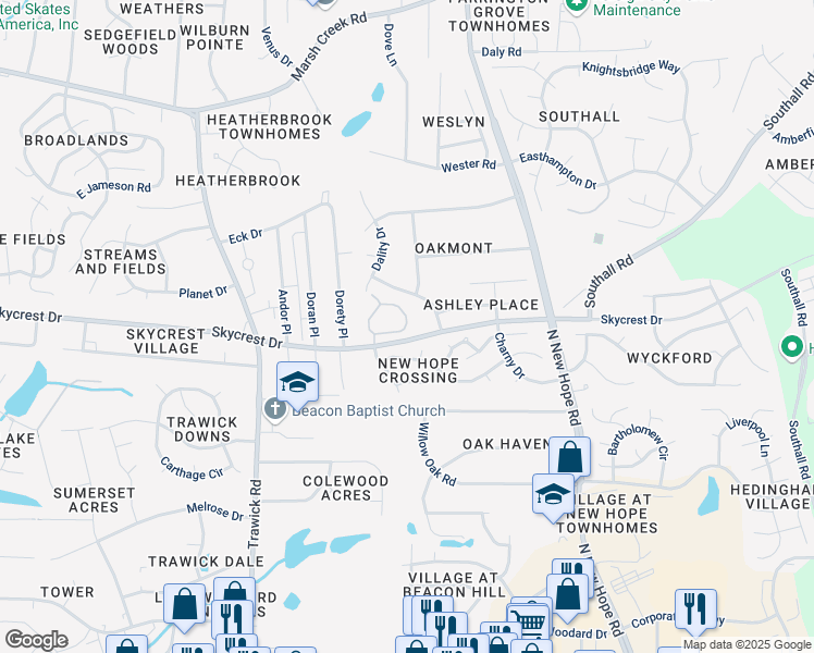 map of restaurants, bars, coffee shops, grocery stores, and more near 4030 Northstone Drive in Raleigh