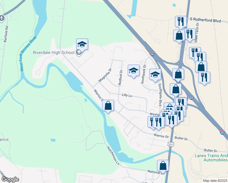 map of restaurants, bars, coffee shops, grocery stores, and more near 608 Lilly Lane in Murfreesboro