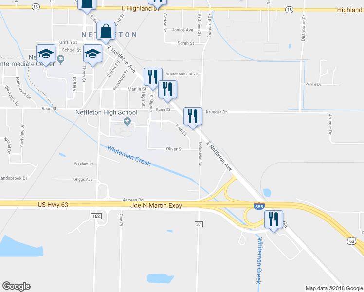 map of restaurants, bars, coffee shops, grocery stores, and more near 4412 Oliver Street in Jonesboro