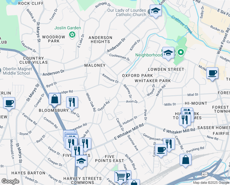 map of restaurants, bars, coffee shops, grocery stores, and more near 2301 Oxford Road in Raleigh