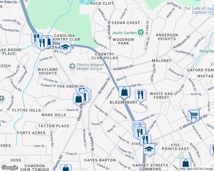 map of restaurants, bars, coffee shops, grocery stores, and more near 2137 Cowper Drive in Raleigh