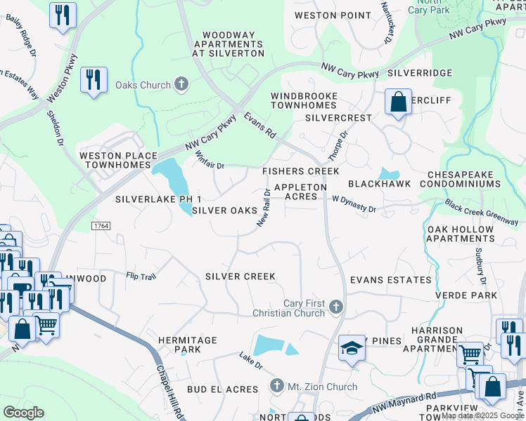 map of restaurants, bars, coffee shops, grocery stores, and more near 100 Bell Vista Drive in Cary