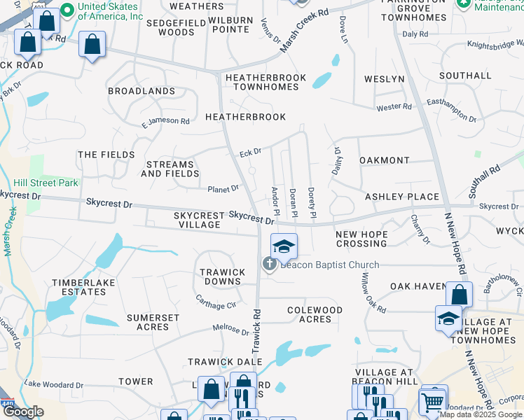 map of restaurants, bars, coffee shops, grocery stores, and more near 2312 Trawick Road in Raleigh