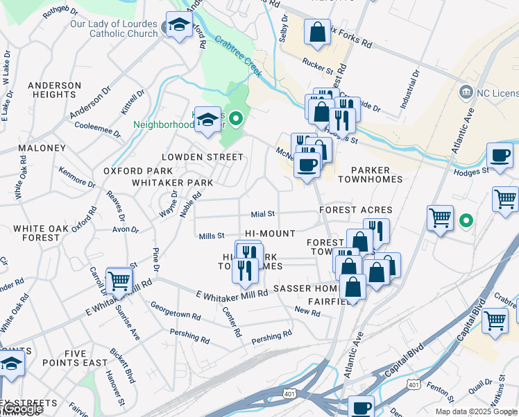 map of restaurants, bars, coffee shops, grocery stores, and more near 611 Mial Street in Raleigh