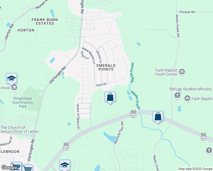 map of restaurants, bars, coffee shops, grocery stores, and more near 208 Gem Drive in Knightdale