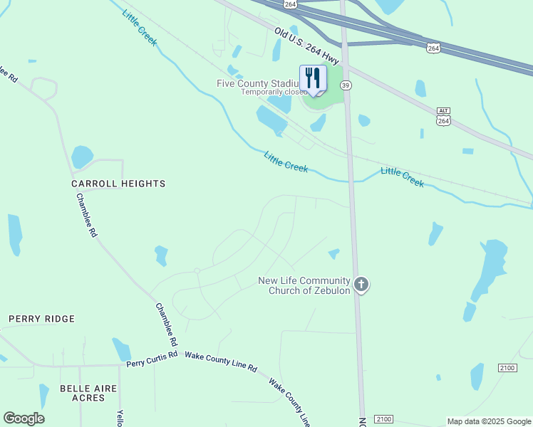 map of restaurants, bars, coffee shops, grocery stores, and more near 1228 Sidney Creek Drive in Zebulon