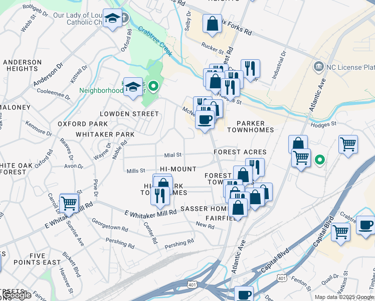 map of restaurants, bars, coffee shops, grocery stores, and more near 701 Mial Street in Raleigh