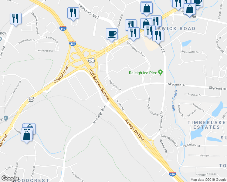 map of restaurants, bars, coffee shops, grocery stores, and more near 2601 Appliance Court in Raleigh