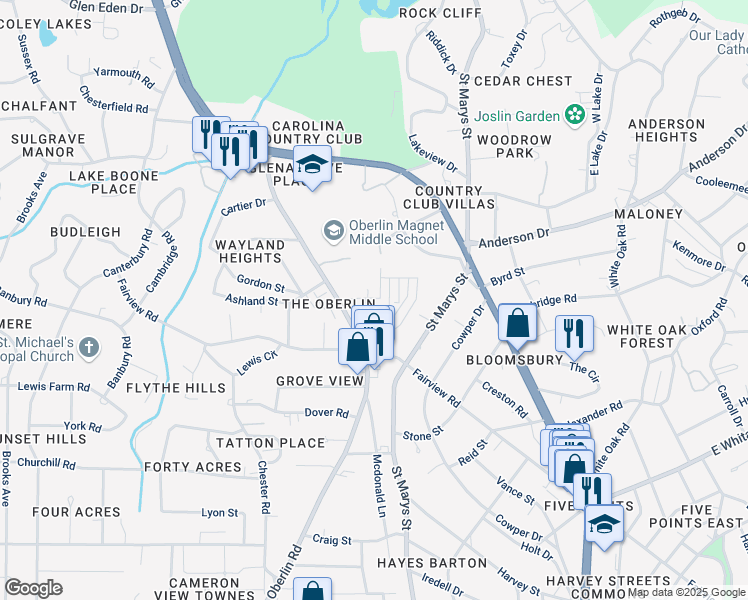 map of restaurants, bars, coffee shops, grocery stores, and more near 2515 Country Club Court in Raleigh