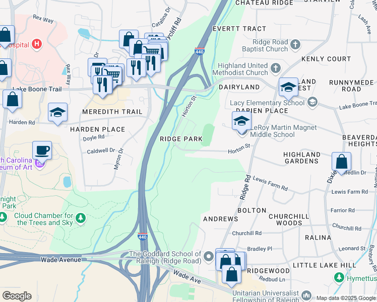 map of restaurants, bars, coffee shops, grocery stores, and more near 3429 Horton Street in Raleigh
