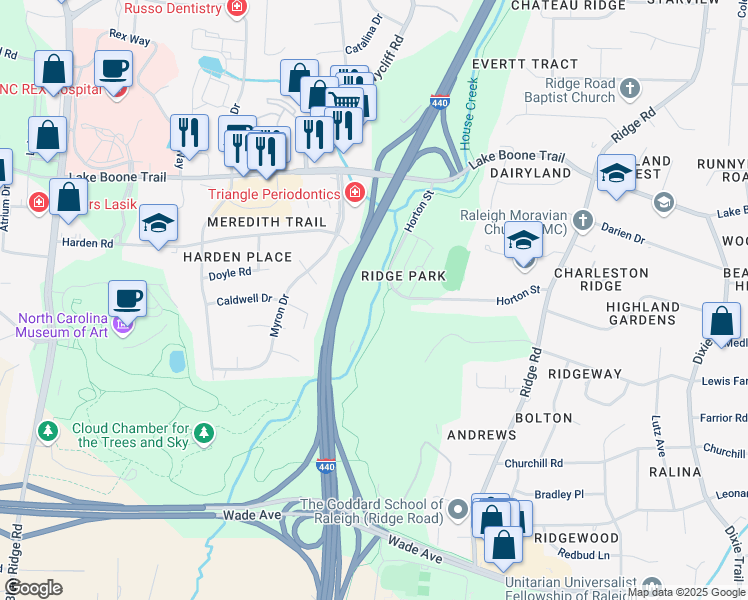 map of restaurants, bars, coffee shops, grocery stores, and more near 3501 Horton Street in Raleigh