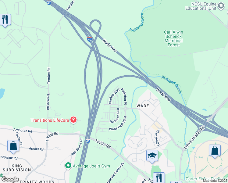 map of restaurants, bars, coffee shops, grocery stores, and more near 1615 Crafton Way in Raleigh